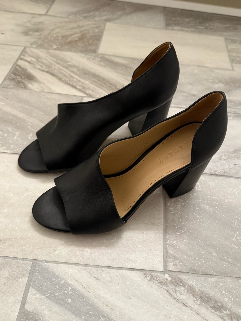 Trenery Black Leather Peep Toe Block Heel Pumps Women's US 8.5 EU 39